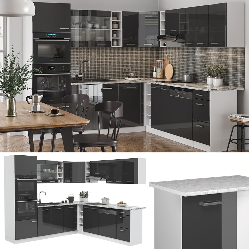 Vicco R-Line Fitted Kitchen Cabinets Country House Kitchen Furniture (White, Corner 247 x 237 cm)