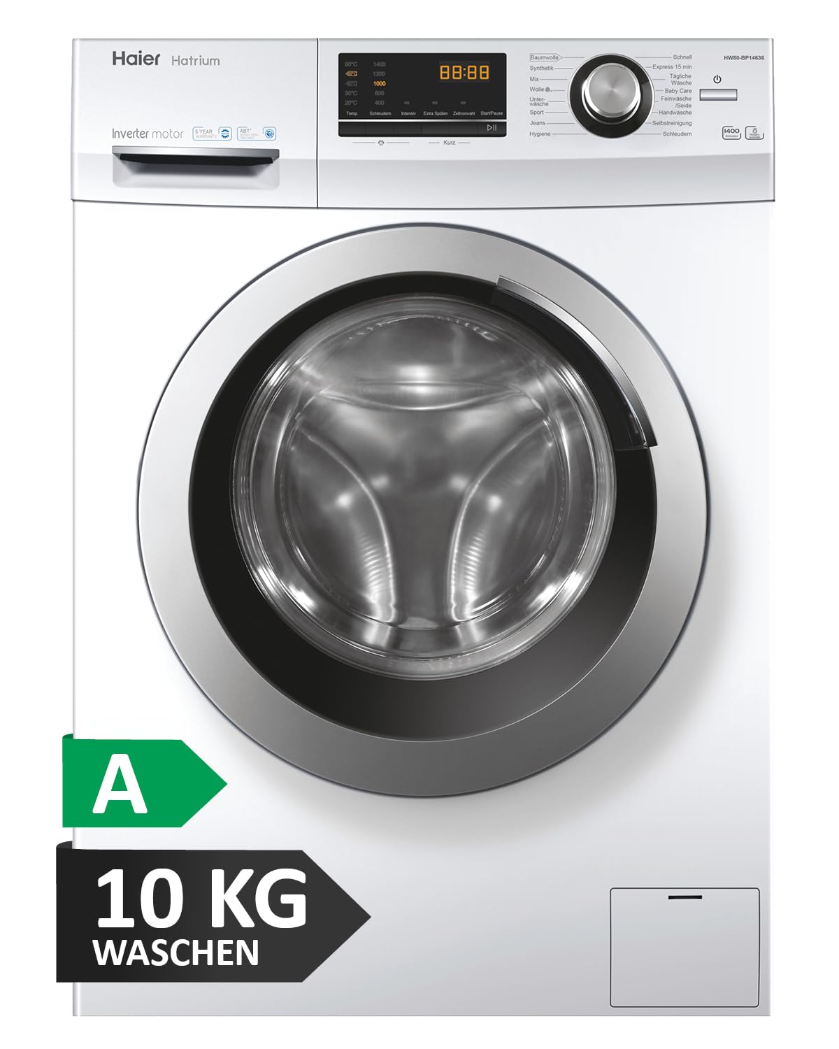 Haier I-Pro Series 1 HW100-BP14929 Washing Machine, 10 kg, A: Best Efficiency, Inverter Motor, Steam Programmes, XL Drum, Aquastop Hose