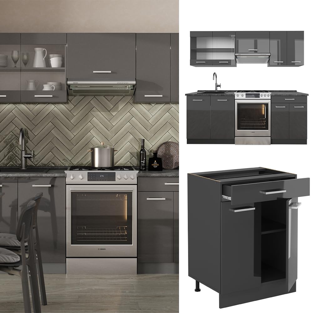Vicco R-Line Kitchen Unit, White High-Gloss / Anthracite, 200 cm without Worktop