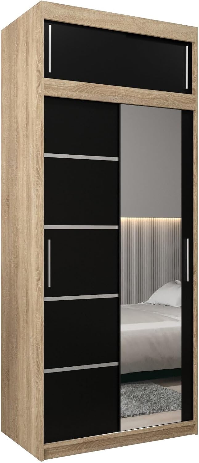 MEBLE KRYSPOL Verona 2, 250 cm Bedroom Wardrobe with Three Sliding Doors, Mirror, Clothes Rail and Shelves, 250 x 200 x 62 cm, Matt Black