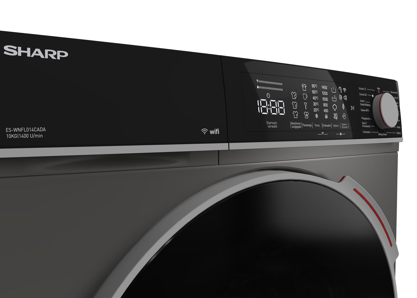 Sharp ES-WNFL914CMDA-DE Washing Machine, 9 kg, 1400 rpm, Energy Efficiency Class A (-20%), Inverter Motor, AquaStop, AquaGuard, WiFi, LED Touch, Steam Function, Black