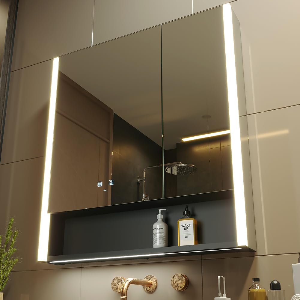 KWW LED Beleuchtetes Badezimmer Medizin Kabinett mit Spiegel, Farbtemperatur Einstellbar, Anti-Nebel Dimmbare Lichter, Steckdosen für USBs (75 x 70 cm)