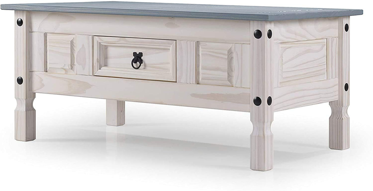 SAM Cancun Coffee Table Solid Pine Wood Side Table with Drawer White Varnished Honey Top Plate Black Metal Handle Mexico Furniture