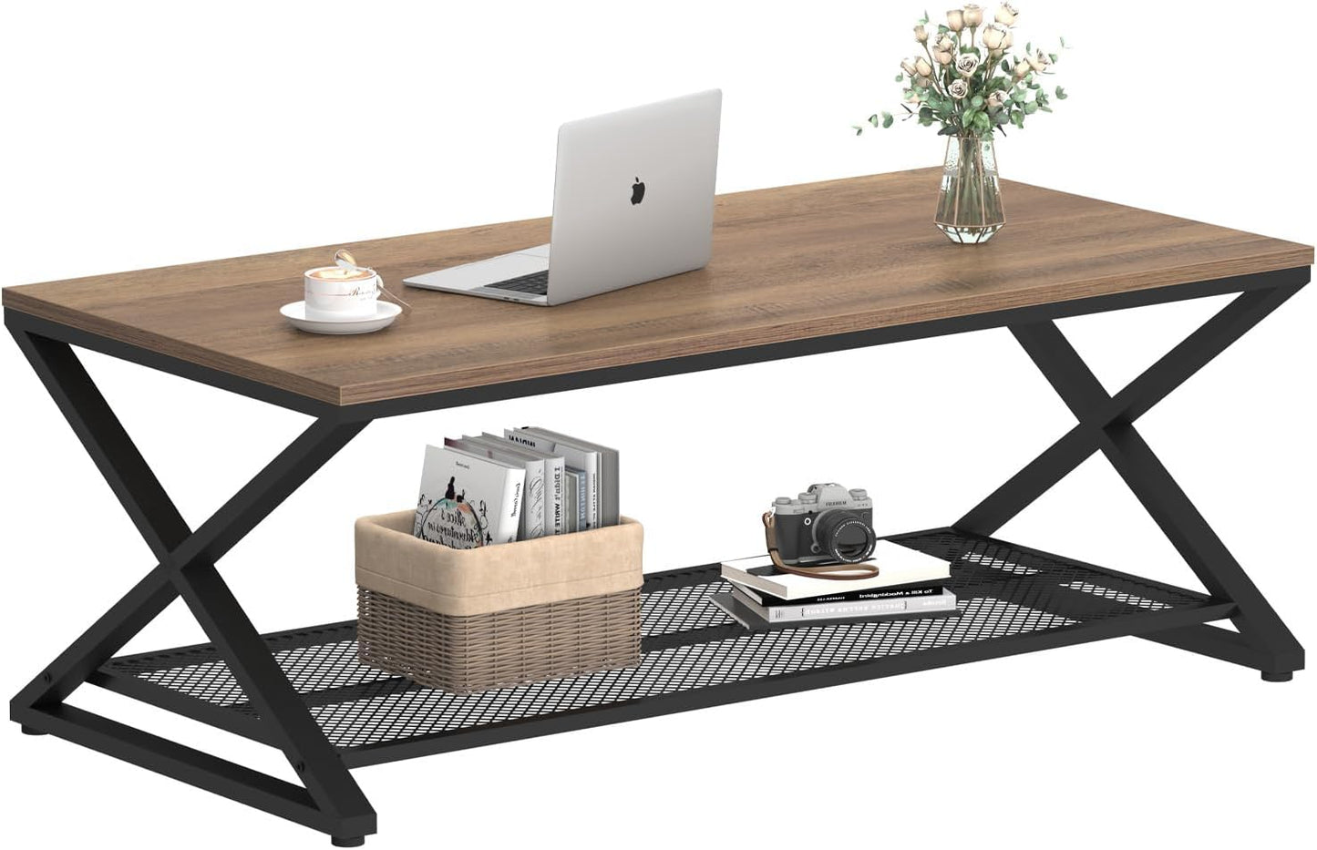 LVB Rectangular Coffee Table, Living Room Table, Sofa Table, Side Table, Wood, Metal, Living Room Furniture, Coffee Table, Vintage Retro Industrial Design, 120 x 60 x 45 cm