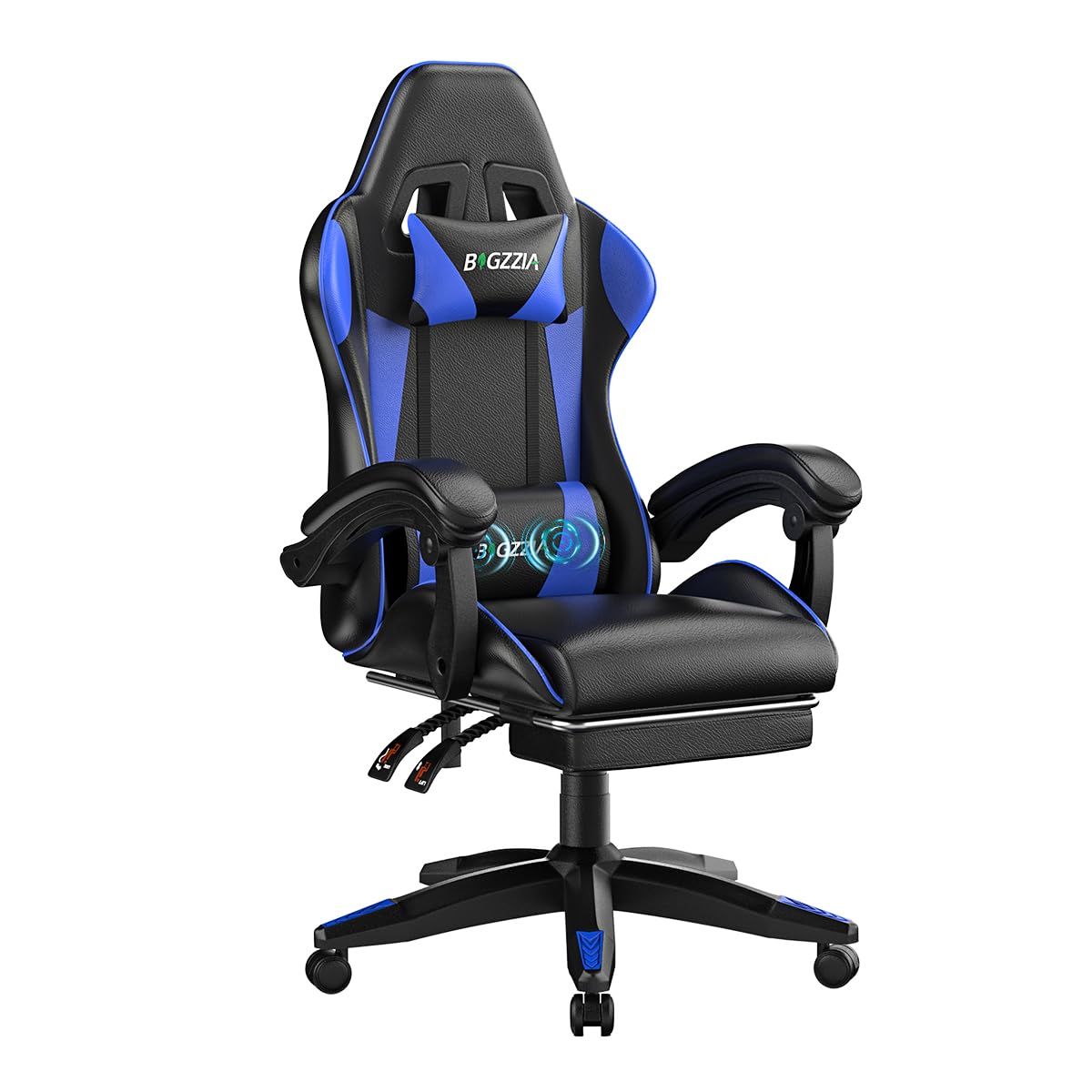 bigzzia Gaming Stuhl mit Massagefunktion und Fußstütze, Ergonomischer Gaming Chair Verstellbare Rückenlehne 90-135°, Gaming Sessel mit Massage-Lendenkissen und Kopfstütze, Gamer Stuhl, Schwarz