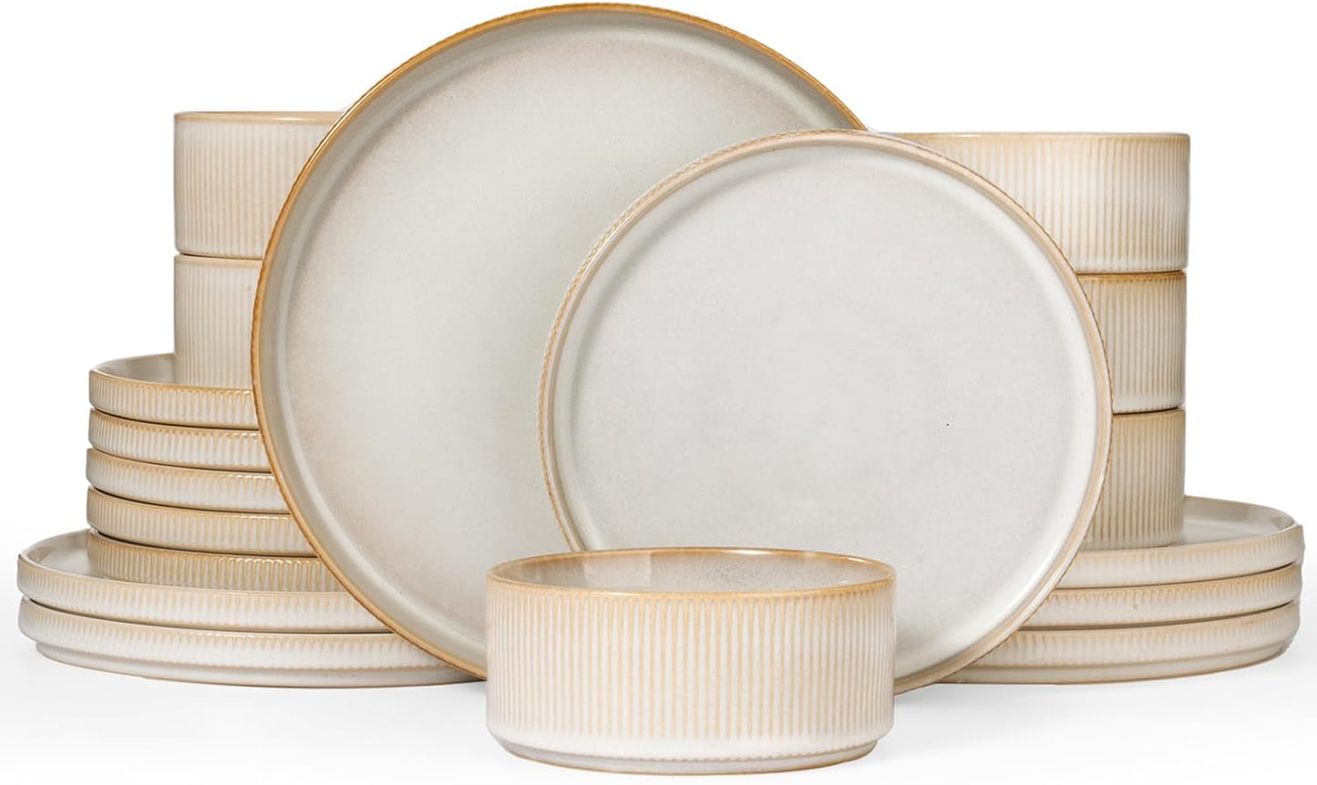 Star 18-Piece Plate Set, Crockery Set for 6 People, Stoneware Crockery Set, Anti-Scratch Dinner Service, Microwave & Dishwasher Safe, Cappuccino White