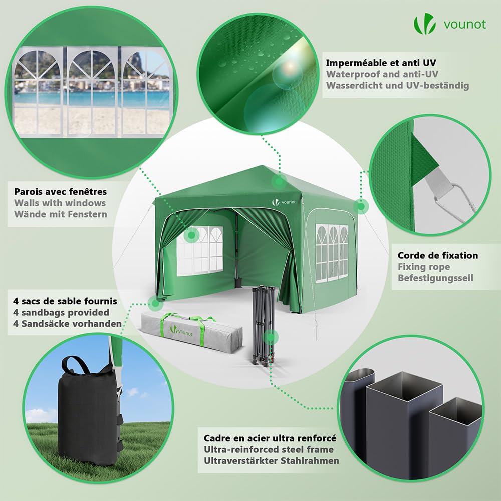 VOUNOT® Gazebo 3 x 3 m with 4 Side Panels and 4 Sand Bags, Pop Up Folding Gazebo, Waterproof, Foldable Garden Tent, Party Tent, Includes Bag, Grey