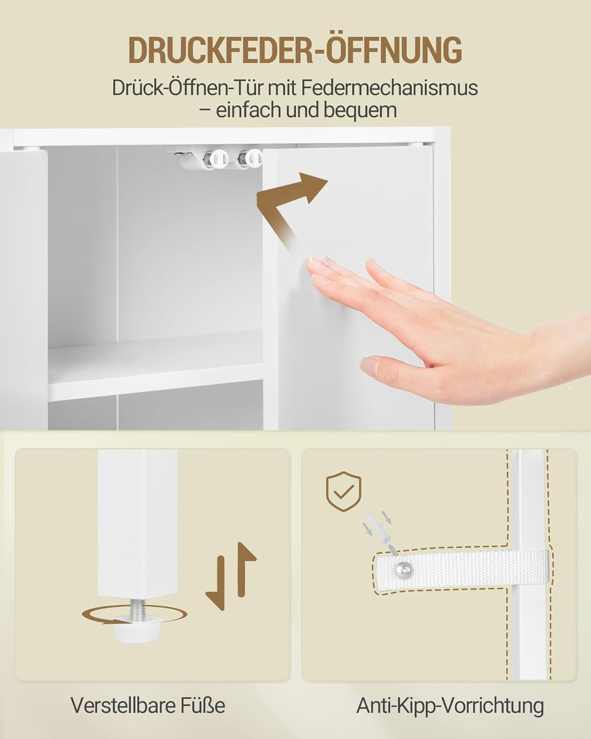 Hzuaneri BC42903W Bathroom Cabinet with 2 Doors & Open Shelf, Kitchen Cabinet, Ventilated Metal Mesh Shelf, Adjustable Shelf, for Bathroom, Living Room, 20 x 38 x 90 cm, White