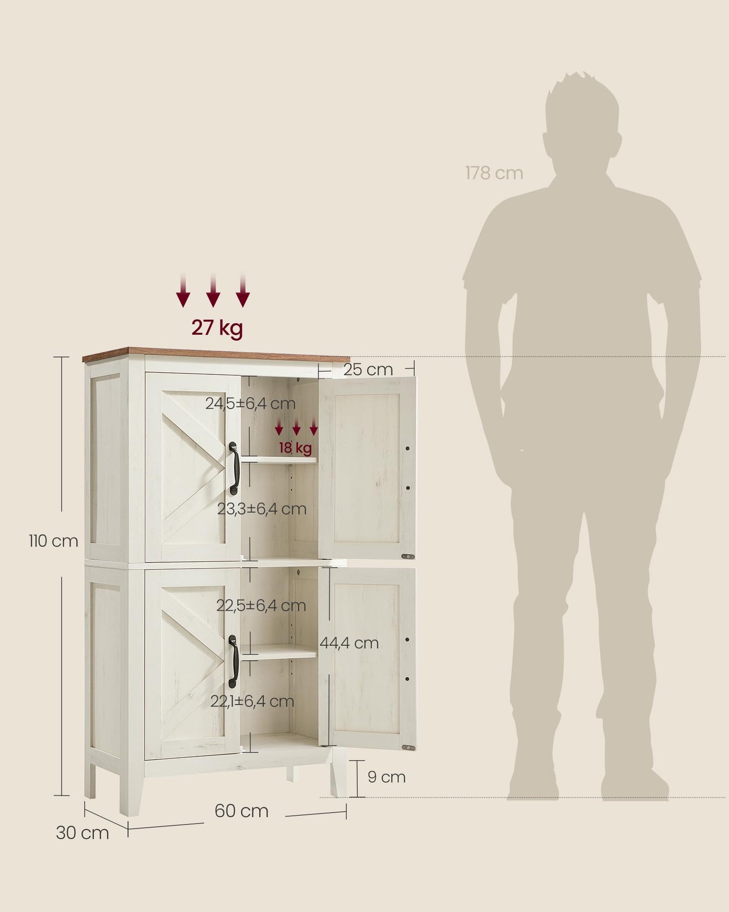 VASAGLE LIRY Kollektion - Aufbewahrungsschrank im Landhausstil, Badschrank mit Türen, freistehende Küchenschrank, verstellbare Ablagen, Esszimmer, Wohnzimmer, vintageweiß BBK773W01