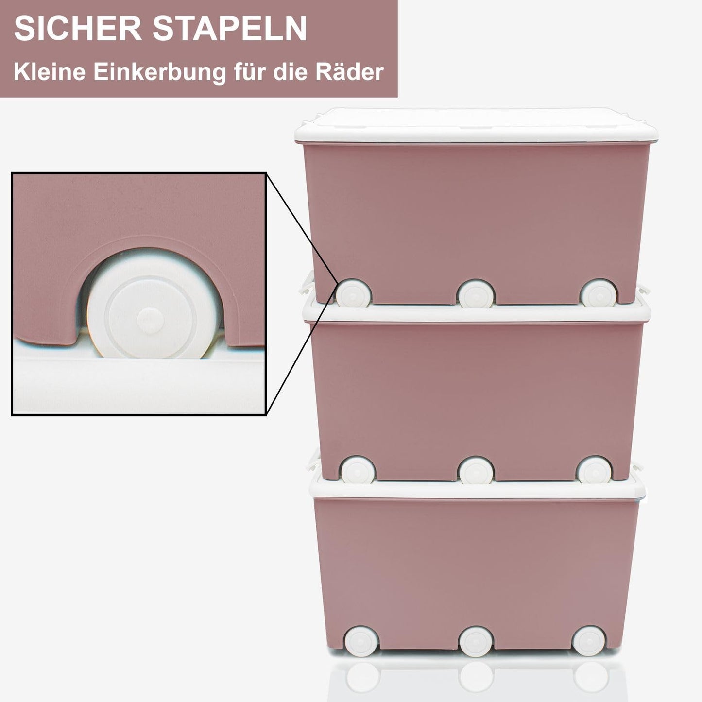 Babykajo 3 Storage Boxes with Lid and Wheels 50 L - Stacking Boxes with Lid Opaque - Plastic Box with Lid for Closing - Boxes Storage with Lid