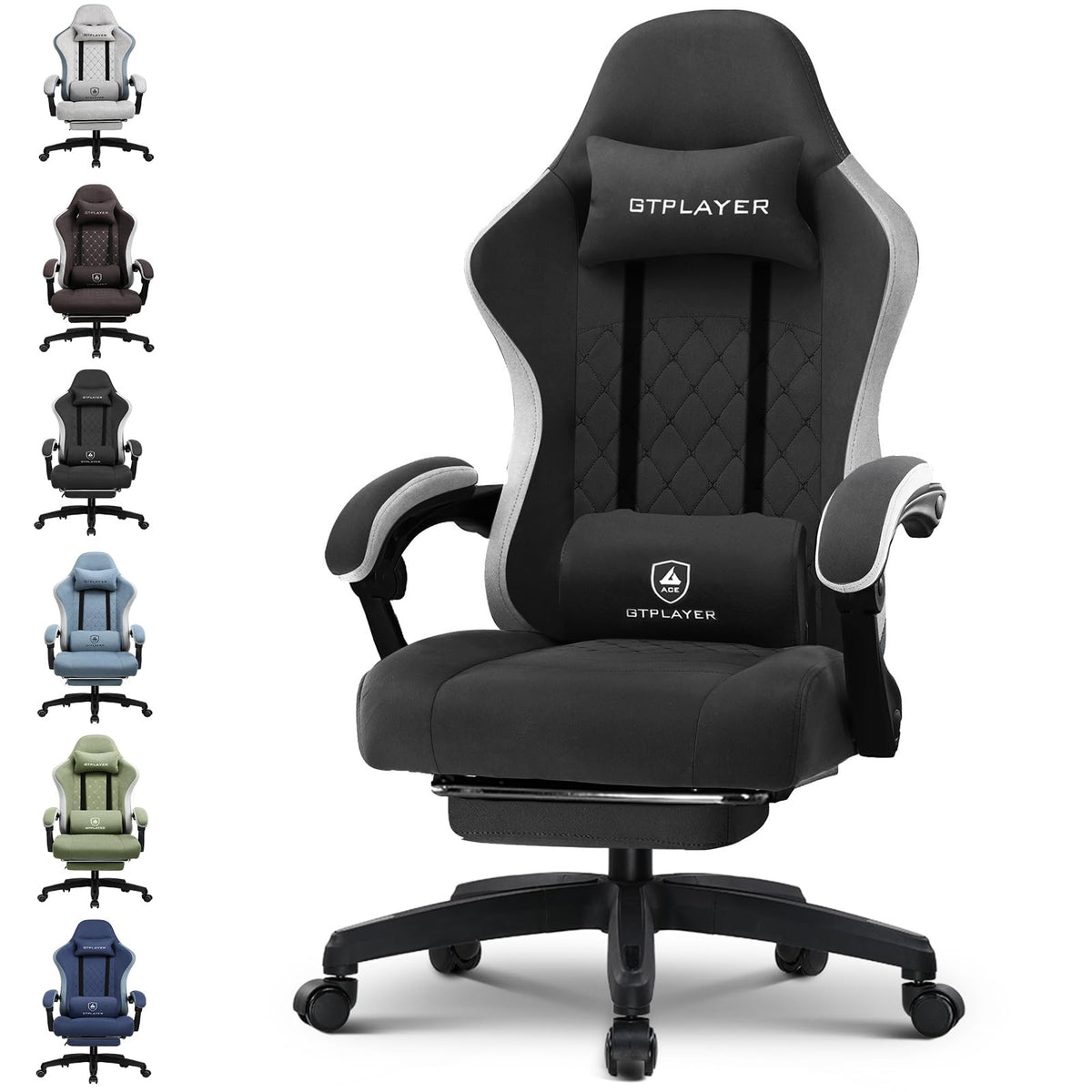 GTPLAYER Gaming Chair, Ergonomic Gaming Chair, Desk Chair with Fabric Surface, Spring Seat Cushion, Connecting Armrests and Footrest, Light Black