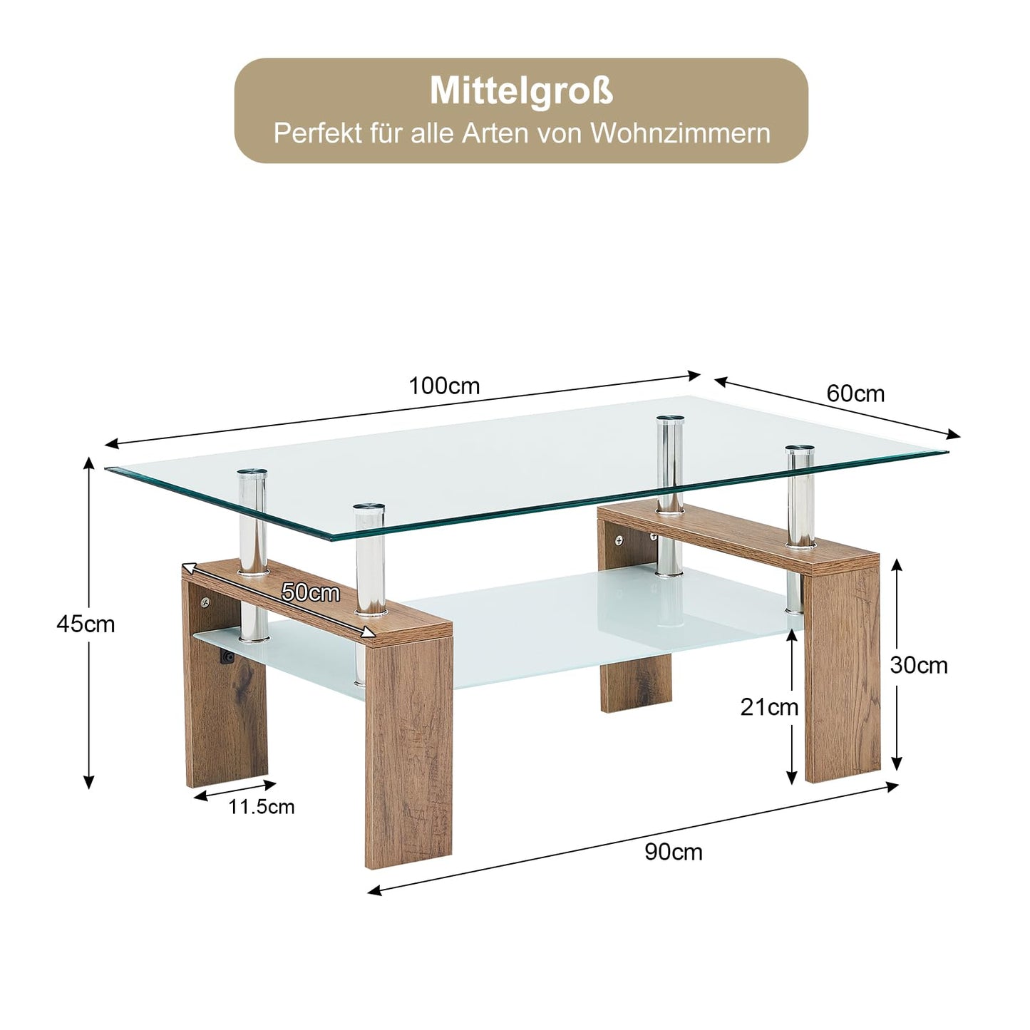CLIPOP Rectangular Coffee Table Made of Tempered Glass, Living Room Table, Modern Sofa Table with Storage Space, Coffee Table, Glass Table with Lower Shelf for Living Room, Balcony, Bedroom, 100 x 60