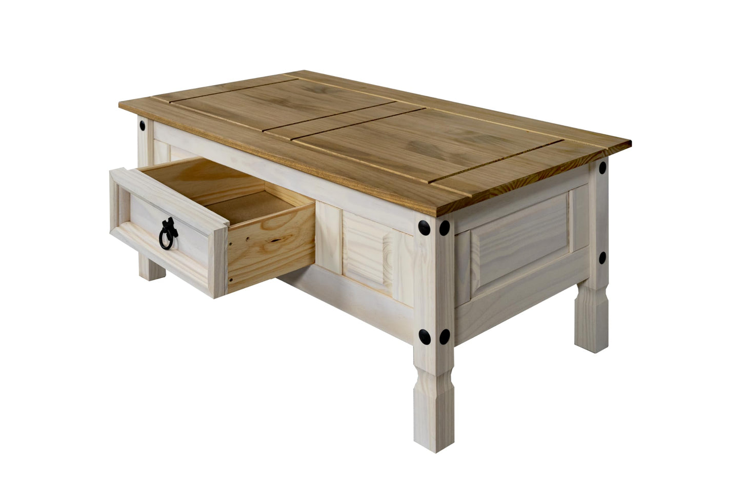 SAM Cancun Coffee Table Solid Pine Wood Side Table with Drawer White Varnished Honey Top Plate Black Metal Handle Mexico Furniture