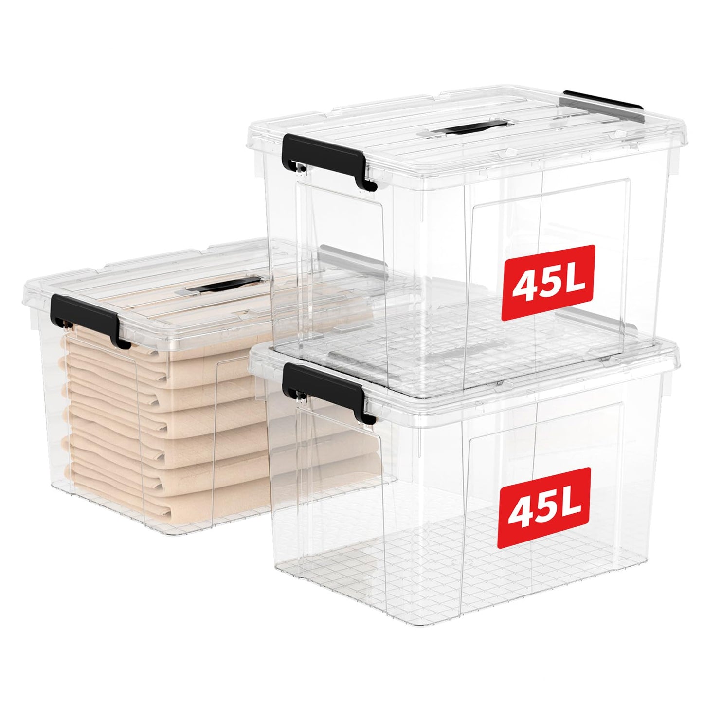 Cetomo 45 L x 3 Storage Boxes, Portable Plastic Boxes with Lids, Organiser Container with Handle and Clips, Stackable, Nestable, for Home and Office, Transparent, 45 L, Pack of 3