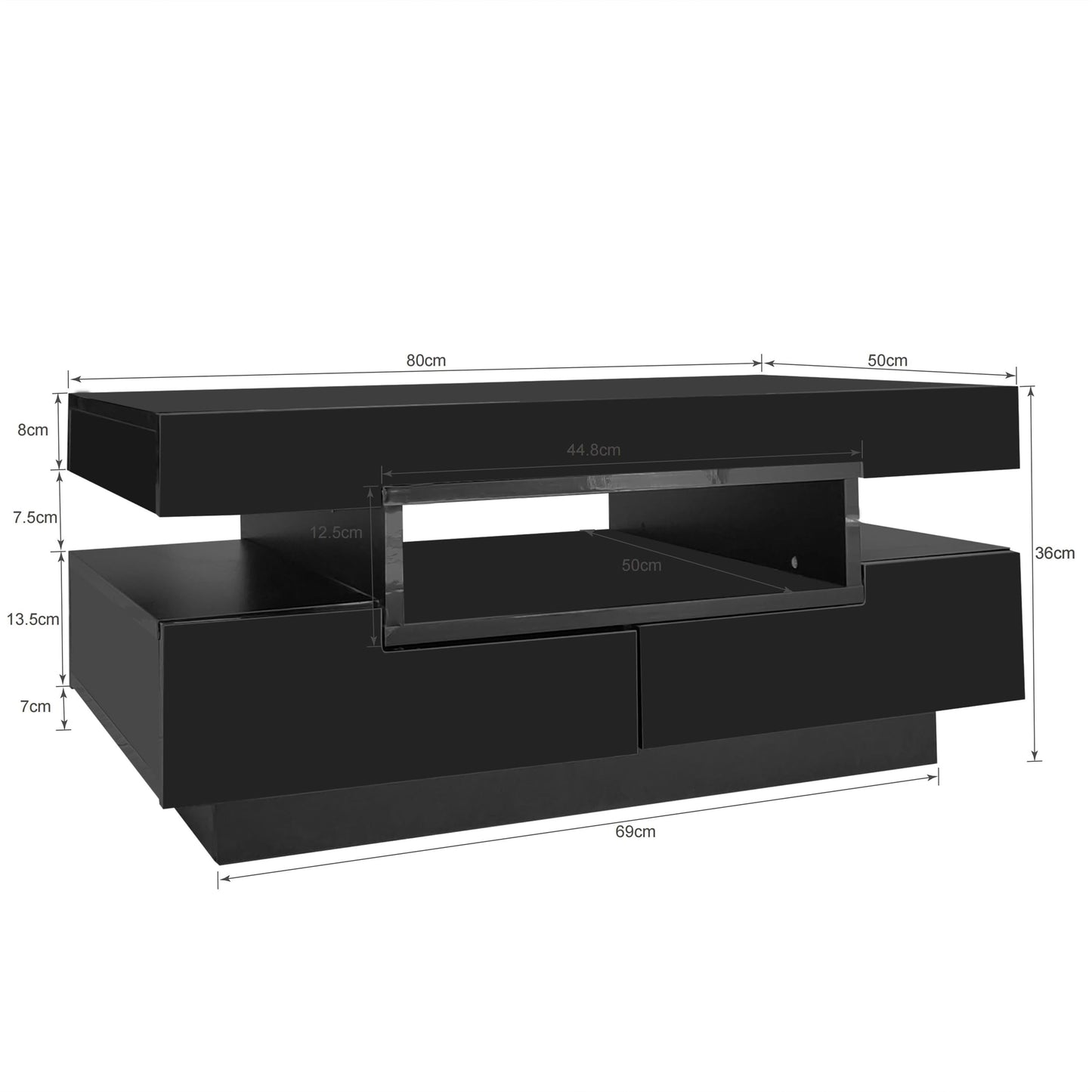 Merax Living Room Table, LED Coffee Table with Storage Space, High Gloss Coffee Table Living Room with Four Drawers, Modern Coffee Table, 80 x 50 x 36 cm, Black
