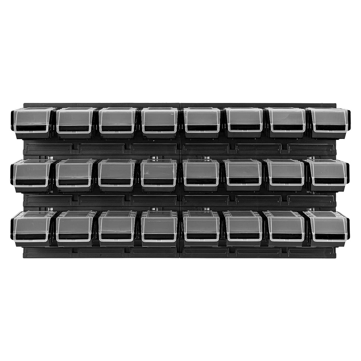 PAFEN Storage System, Stacking Boxes with Lid, Wall Shelf, 772 x 390 cm, Pack of 24 Boxes, Tool Wall, Workshop Shelf, Chute Rack, Black/Red