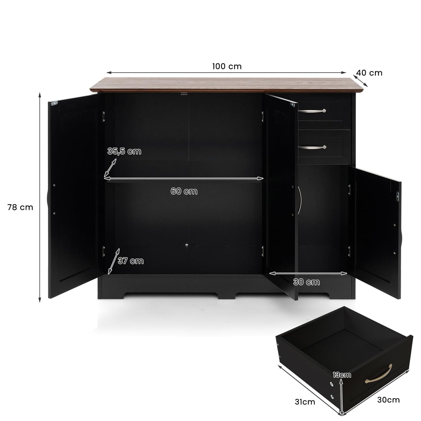 GOPLUS Sideboard Kitchen, Kitchen Cabinet with Doors & 2 Drawers, Buffet Cabinet with Worktop & Adjustable Shelf, Storage Cabinet for Kitchen & Living Room, 100 × 40 × 78 cm (White)