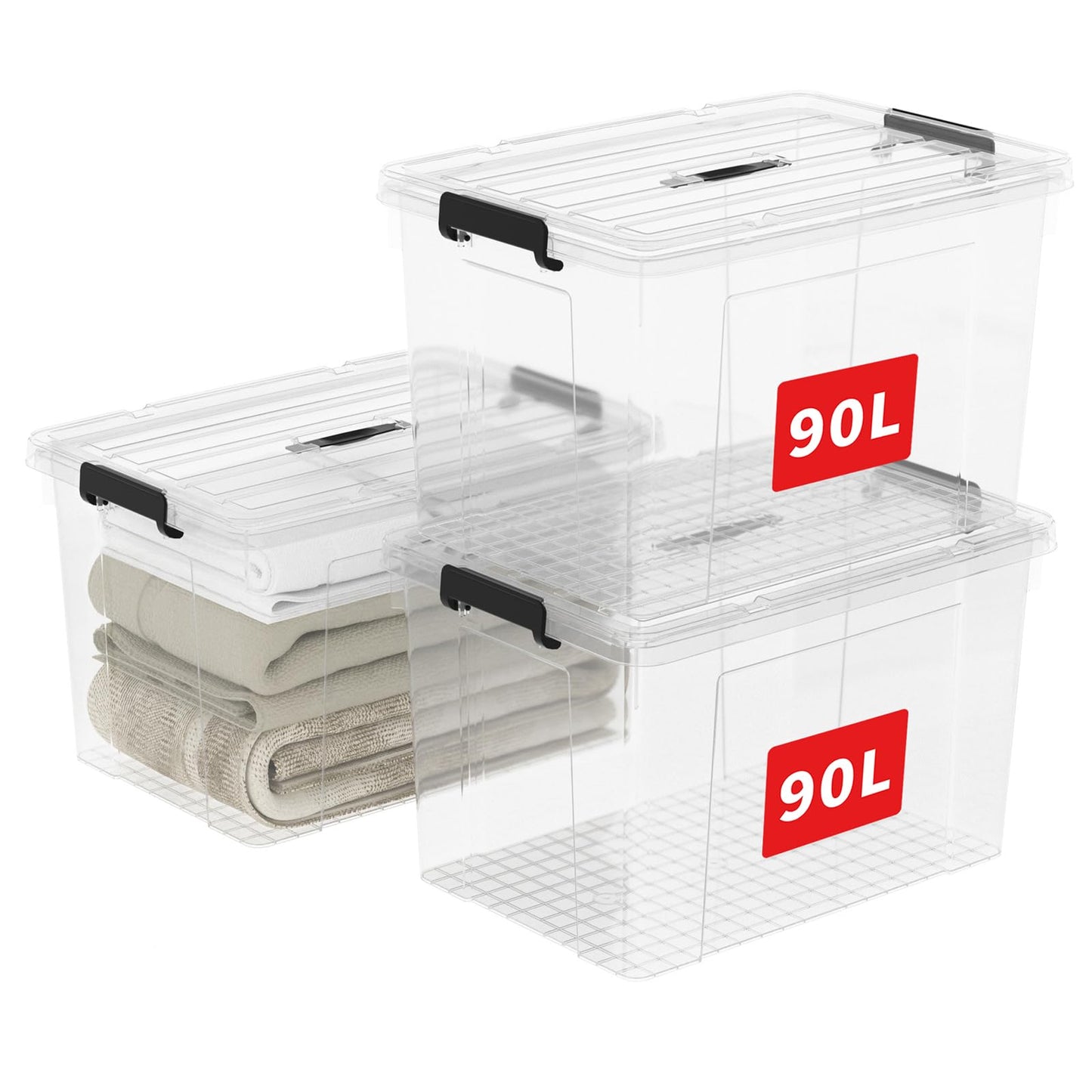 Cetomo 45 L x 3 Storage Boxes, Portable Plastic Boxes with Lids, Organiser Container with Handle and Clips, Stackable, Nestable, for Home and Office, Transparent, 45 L, Pack of 3