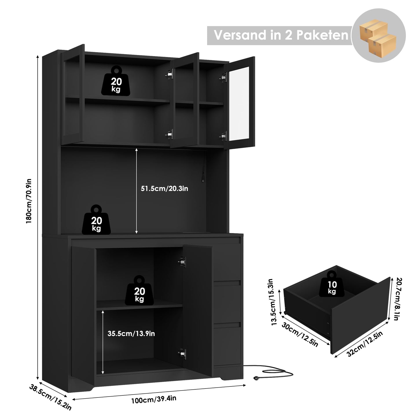 FirFurd Kitchen Cabinet Buffet Cabinet with LED Sideboard for Kitchen with Power Strip Kitchen Cabinet with Worktop and 3 Drawers Kitchen Buffet with Adjustable Shelf 180 x 100 x 38.5 cm (Black)