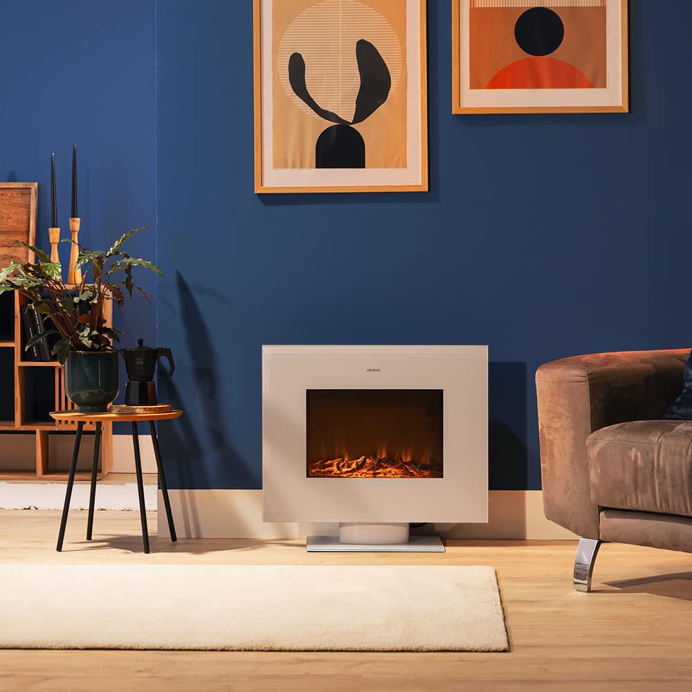 Cecotec Ready Warm 2200 Curved Flames Electric Fireplace with Remote Control, 22 Inch, 2000 W with 2 Power Levels, Curved Tempered Glass Scoreboard, 2 LED Lights, 20 m2