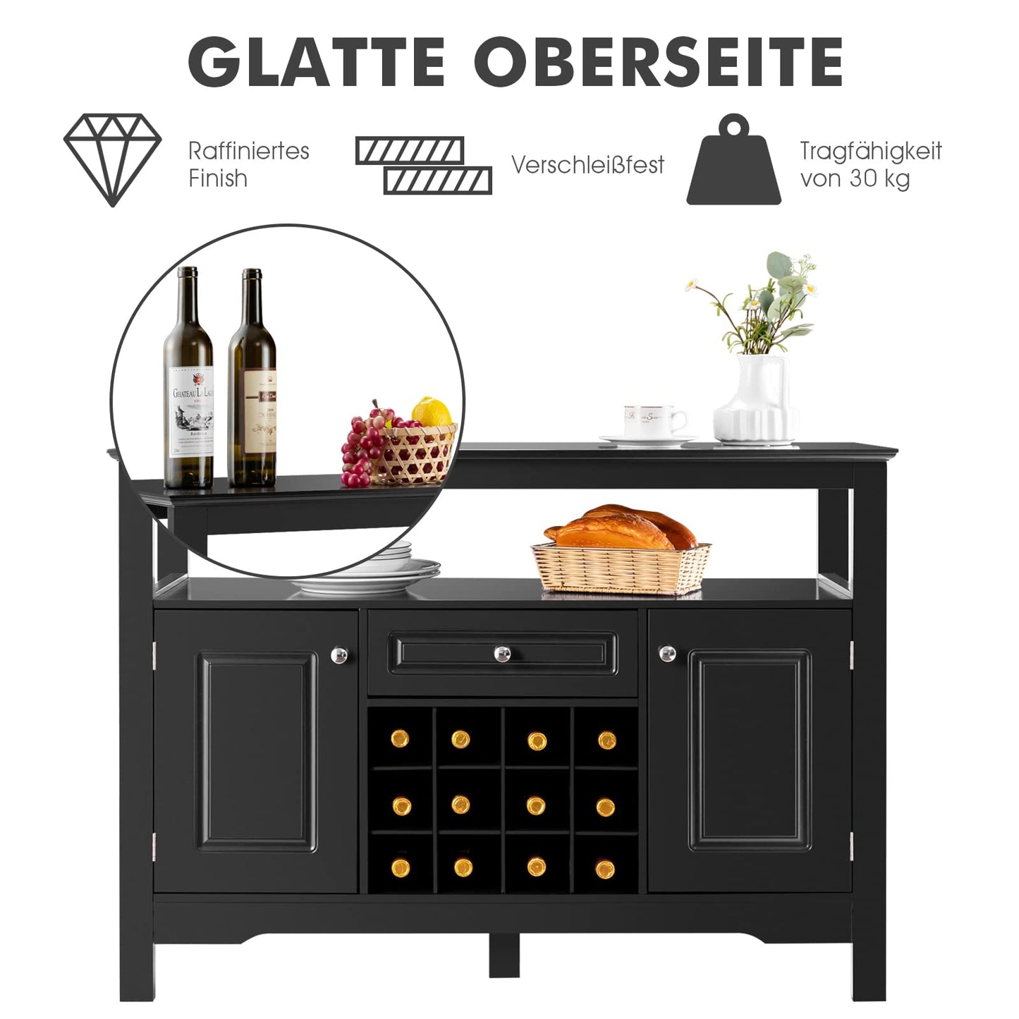 COSTWAY Sideboard Kitchen Cabinet with Doors and Drawers, Wooden Kitchen Chest of Drawers, Buffet Cabinet, Storage Cabinet, Side Cabinet, Wine Cabinet, 116 x 40 x 82 cm (White)