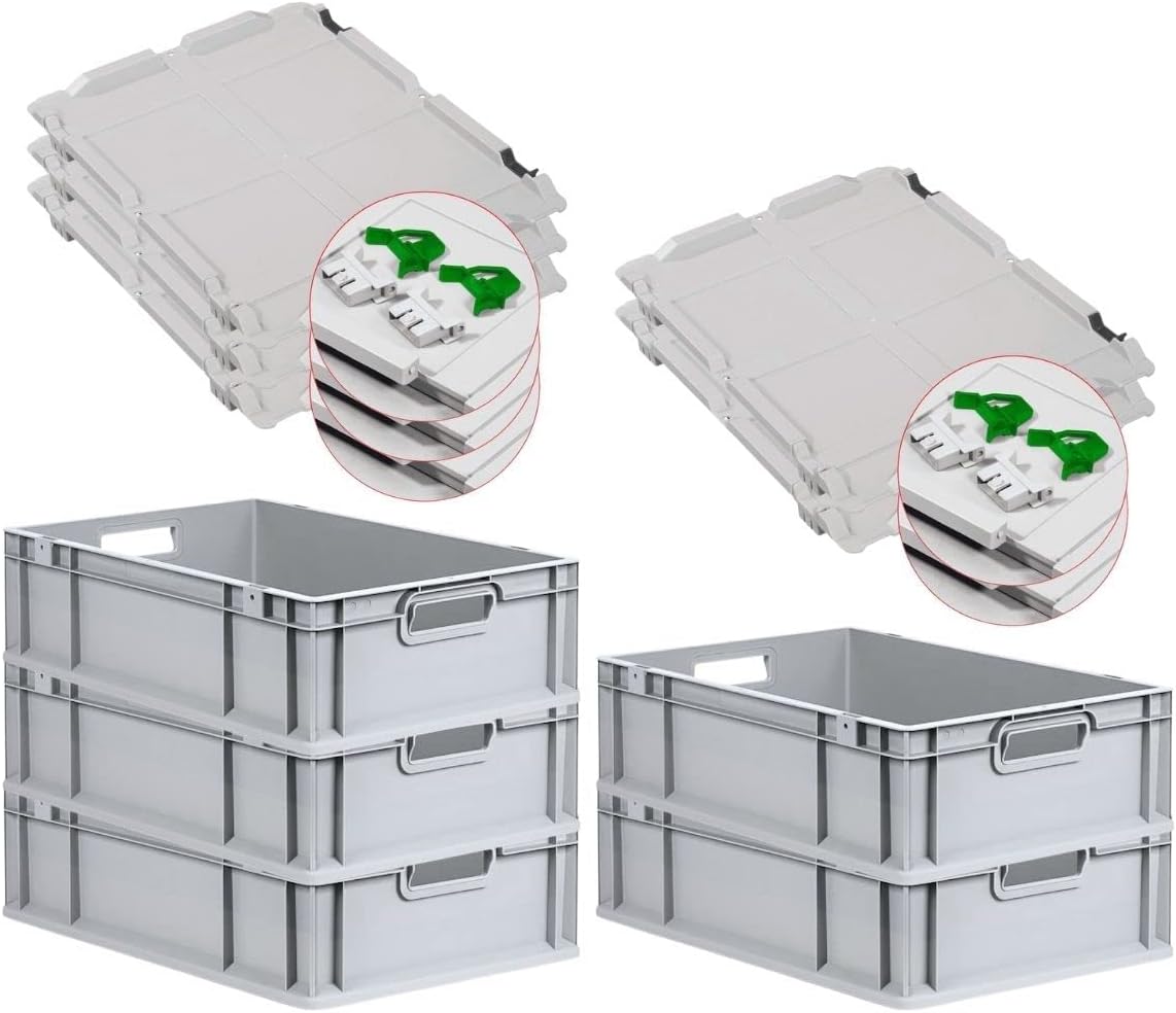 PROREGAL SuperSparSet 3 x Eurobox NextGen Grip with Lid and Yellow Clasps, H x W x D 32 x 40 x 60 cm, 65 Litres, Open Handles, Reinforced Base, Euro Container, Transport Box