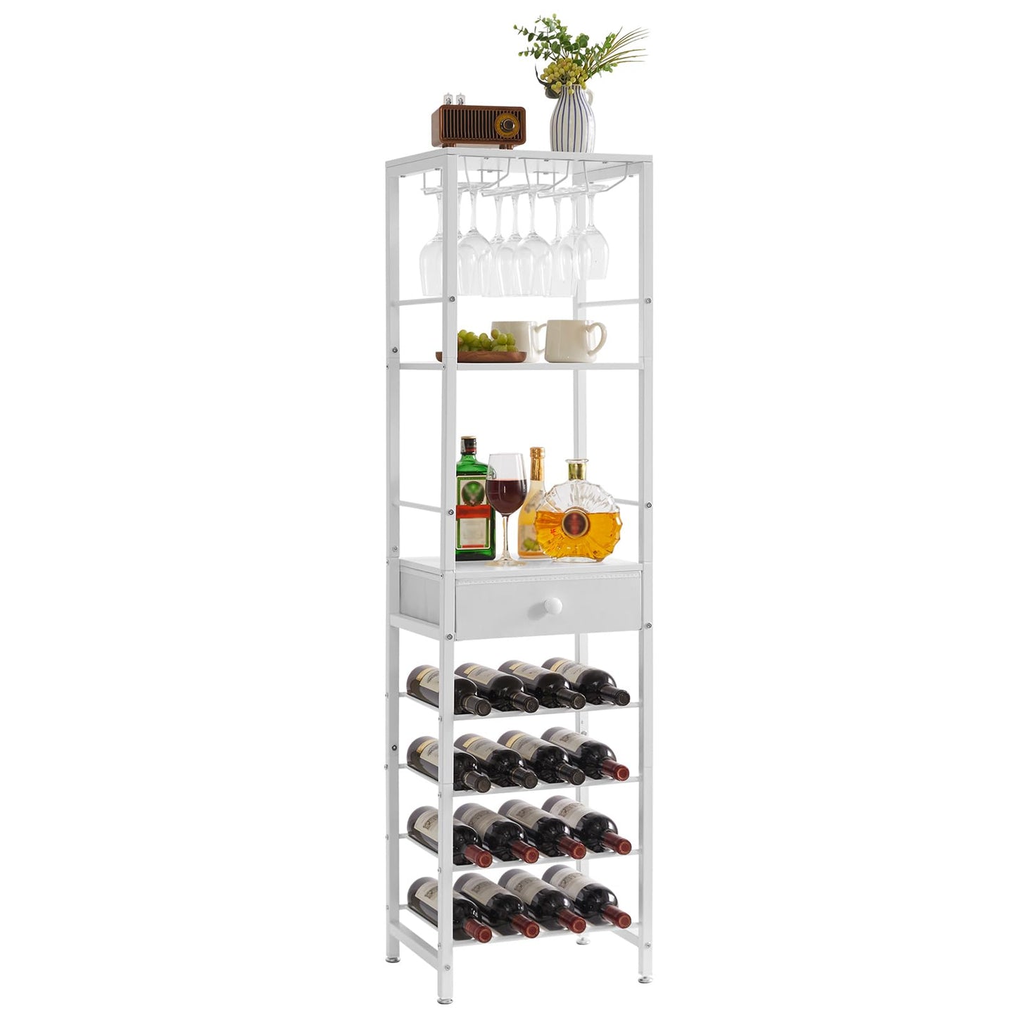 IBUYKE TMJ905H Wine Rack, 4-Layer Freestanding Wine Rack with Glass Holder and Drawer, 16 Bottle Rack, Countertop Wine Rack with Table Top Shelf, for Kitchen, Bar, Dining Room, Vintage Brown