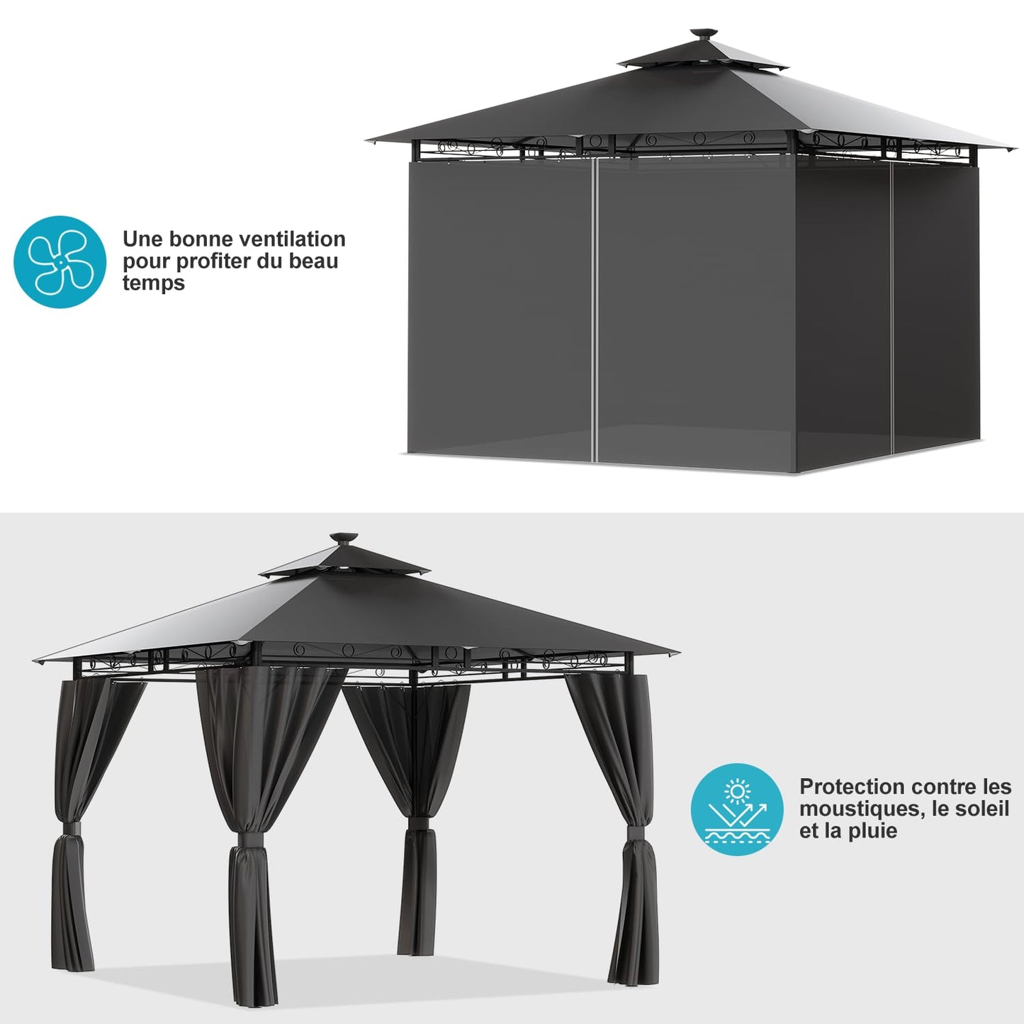 Devoko Garden Gazebo 3 x 3 Waterproof Stable Winterproof Deluxe Gazebo, UV Protection 50+ Double Roof Party Tent, Garden Tent, Patio Gazebo for Festivals, Events, Parties for 4-6 People, Beige