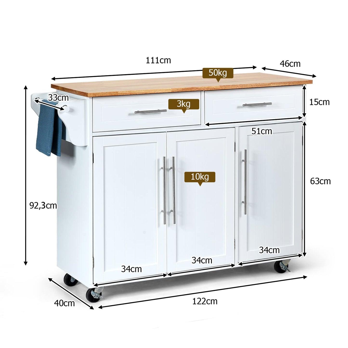 KOMFOTTEU Kitchen Trolley on Wheels, Wooden Serving Trolley with Worktop, Kitchen Island with Drawers, Towel Holder & Adjustable Shelves, Kitchen Cabinet Side Trolley Mobile 122 x 46 x 92 cm (Black)