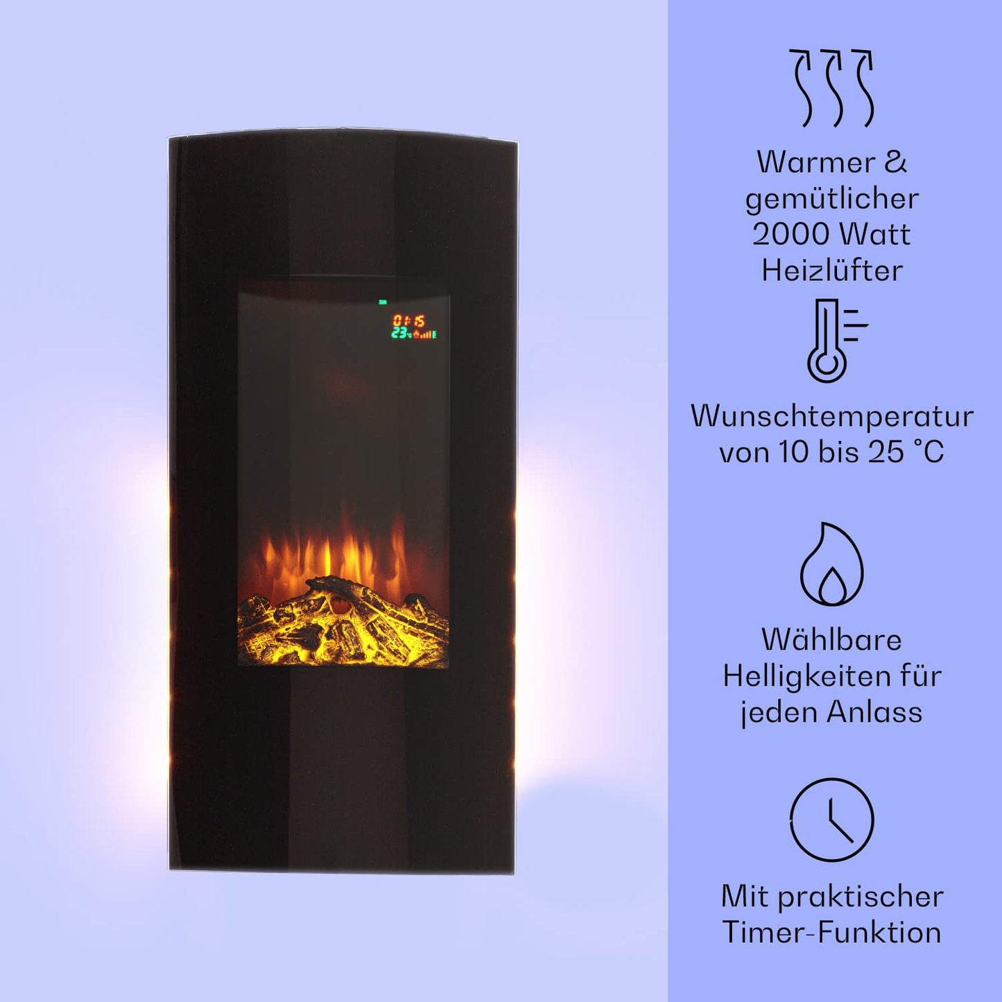 Klarstein Electric Fireplace, Electric Heaters for Living Room and Indoor Spaces, Electric Fireplace with LED Flames, Fireplace for Wall Mounting, Fan Heater with Timer, Adjustable Thermostat, Heating