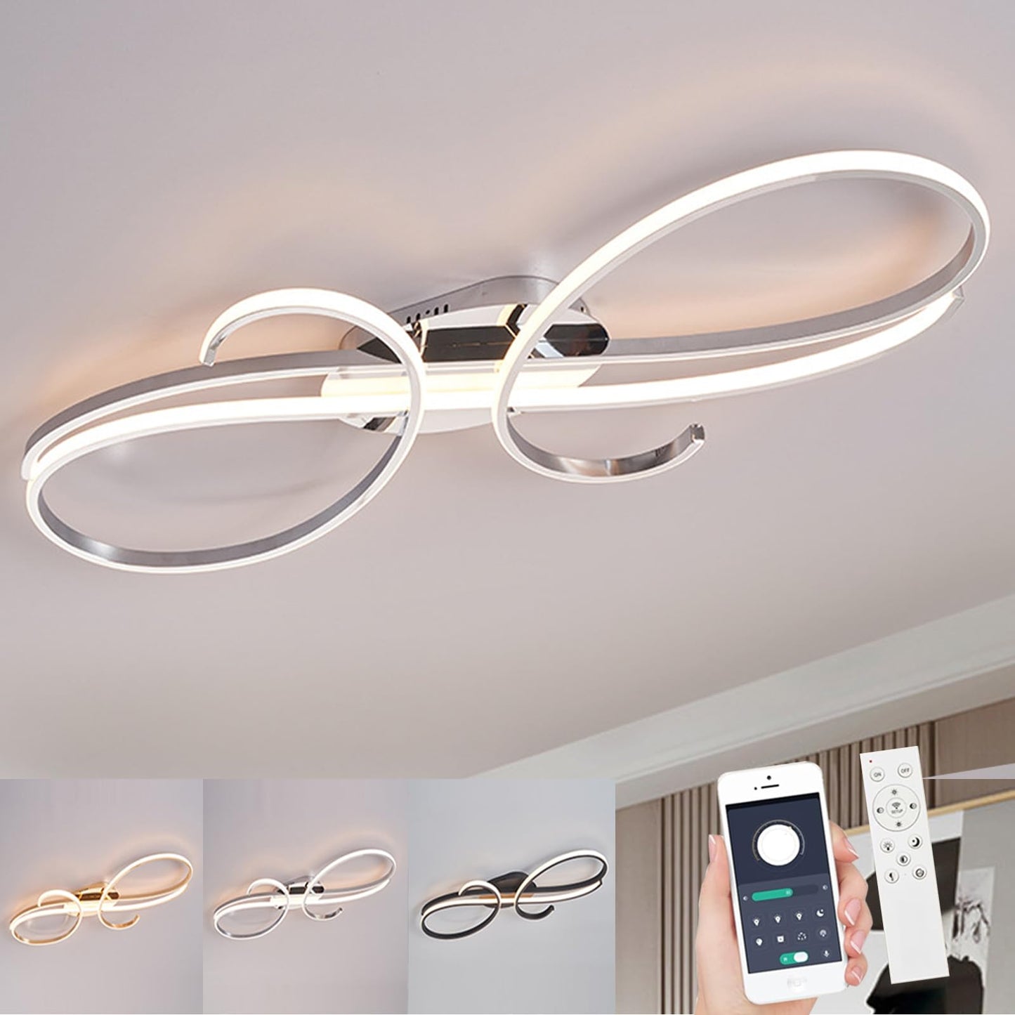 WSXEDC Moderne Kreative LED Deckenleuchte Dimmbare Metall Chrom für die Augenpflege Deckenlampe Mit Fernbedienung für Wohnzimmer Schlafzimmer Esszimmer Flure Gold 60cm