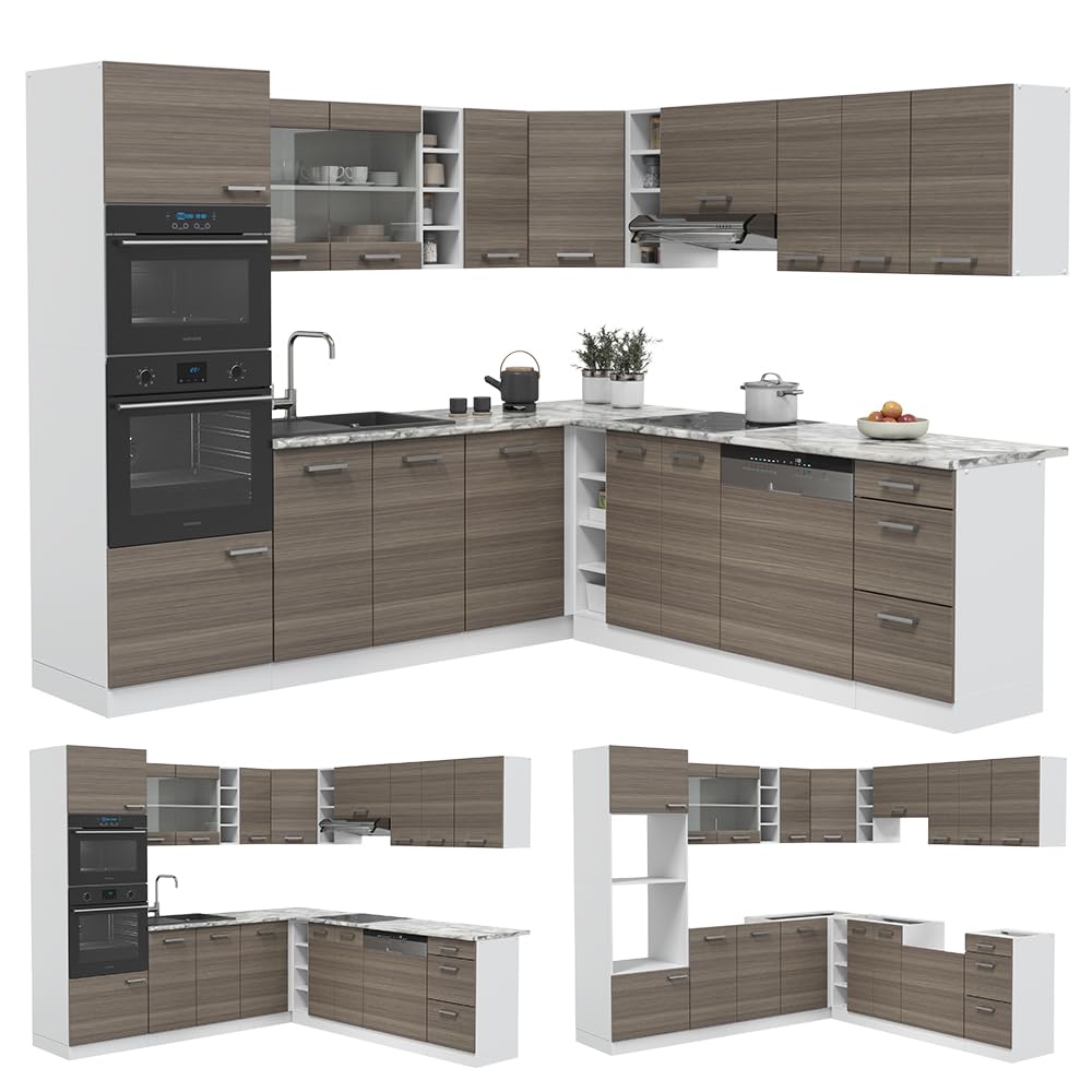 Vicco R-Line Fitted Kitchen Cabinets Country House Kitchen Furniture (White, Corner 247 x 237 cm)