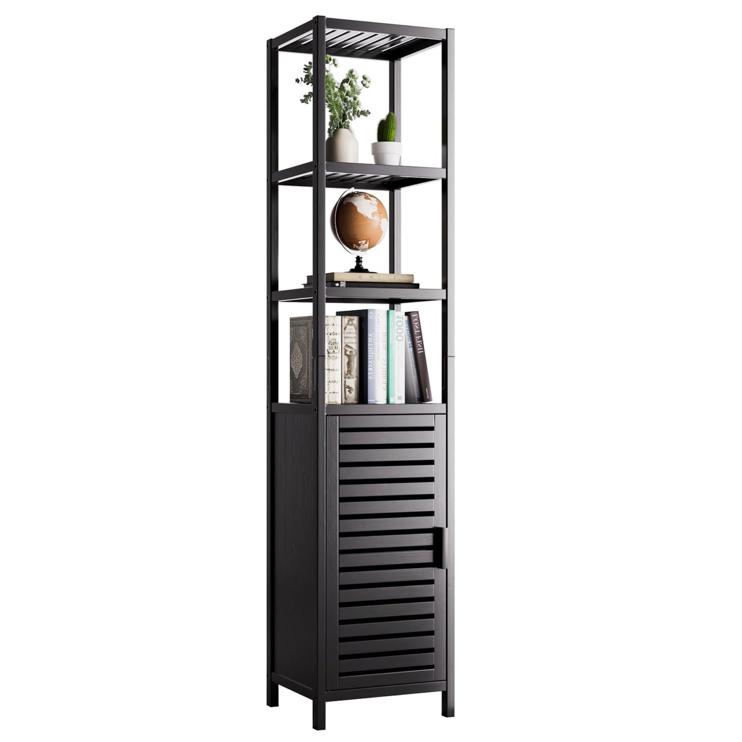 HITNET Bathroom Cabinet Bamboo Black Bathroom Cabinet Tall Cabinet Narrow Freestanding Floor Standing with Open Shelf and Single Door