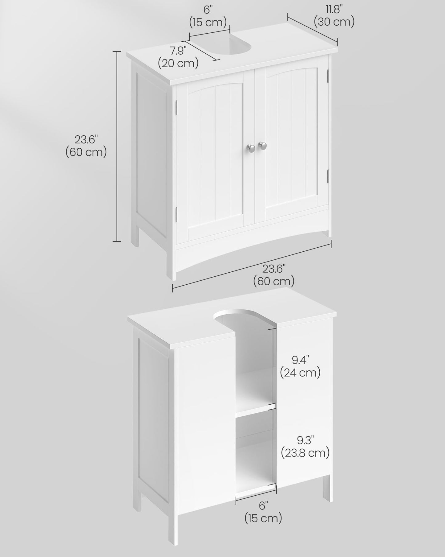 VASAGLE BBC410P31 Vanity Unit Extra Long 30 x 90 x 60 cm 2 Doors Bathroom Cabinet Open Compartments Height Adjustable Shelves White