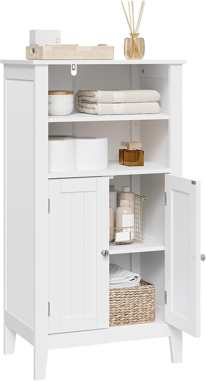 EUGAD Bathroom Cabinet, Kitchen Cabinet, Side Cabinet, Chest of Drawers in Bedroom, Hallway, Made of MDF with Adjustable Shelf, White, 92.5 x 30 x 50 cm
