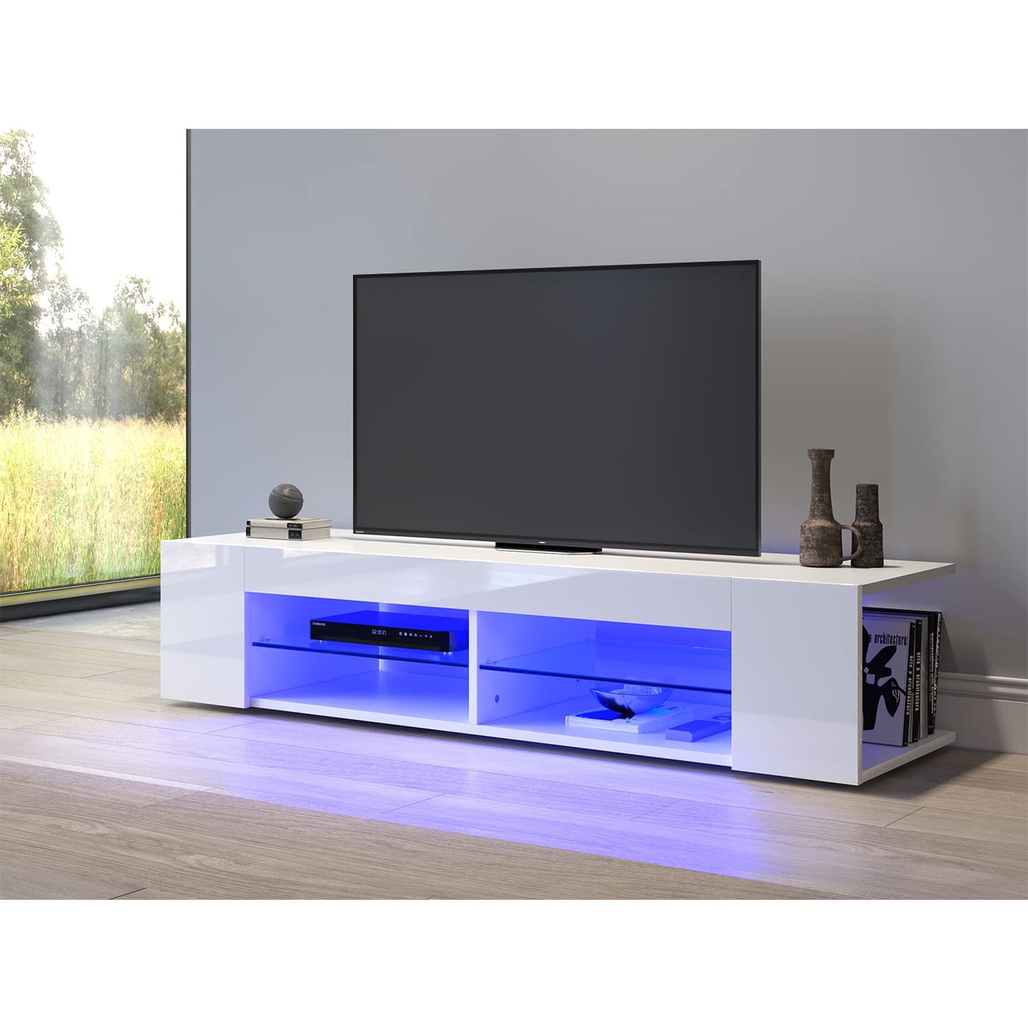 SONNI TV Board White, Handle-less Design, TV Cabinet High Gloss, TV Stand with LED Lighting, 12 Colours Can Be Adjusted, TV Shelf, Lowboard for TVs up to 65 Inches, 130 x 35 x 45 cm