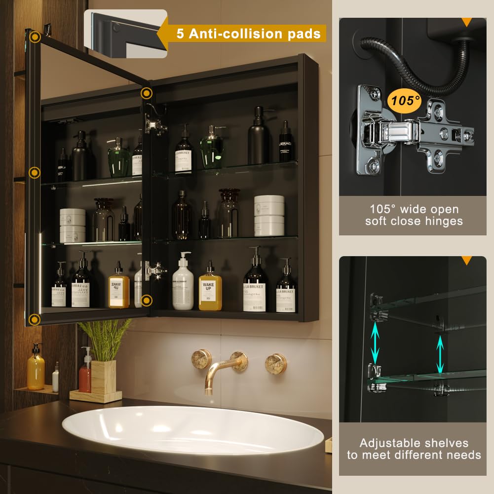 KWW LED Beleuchtetes Badezimmer Medizin Kabinett mit Spiegel, Farbtemperatur Einstellbar, Anti-Nebel Dimmbare Lichter, Steckdosen für USBs (75 x 70 cm)