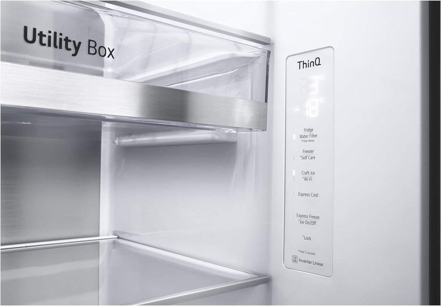 LG GSXE90MBDD Side by Side Kühlschrank mit InstaView Craft Ice | Door in Door | Crushed Ice -und Wasserspender EEK: Klasse D | 628 Liter Kapazität | Festwasseranschluss | Total No Frost