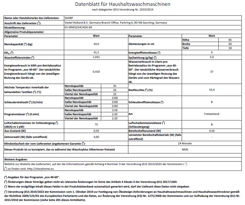 Sharp ES-WNFL914CMDA-DE Washing Machine, 9 kg, 1400 rpm, Energy Efficiency Class A (-20%), Inverter Motor, AquaStop, AquaGuard, WiFi, LED Touch, Steam Function, Black