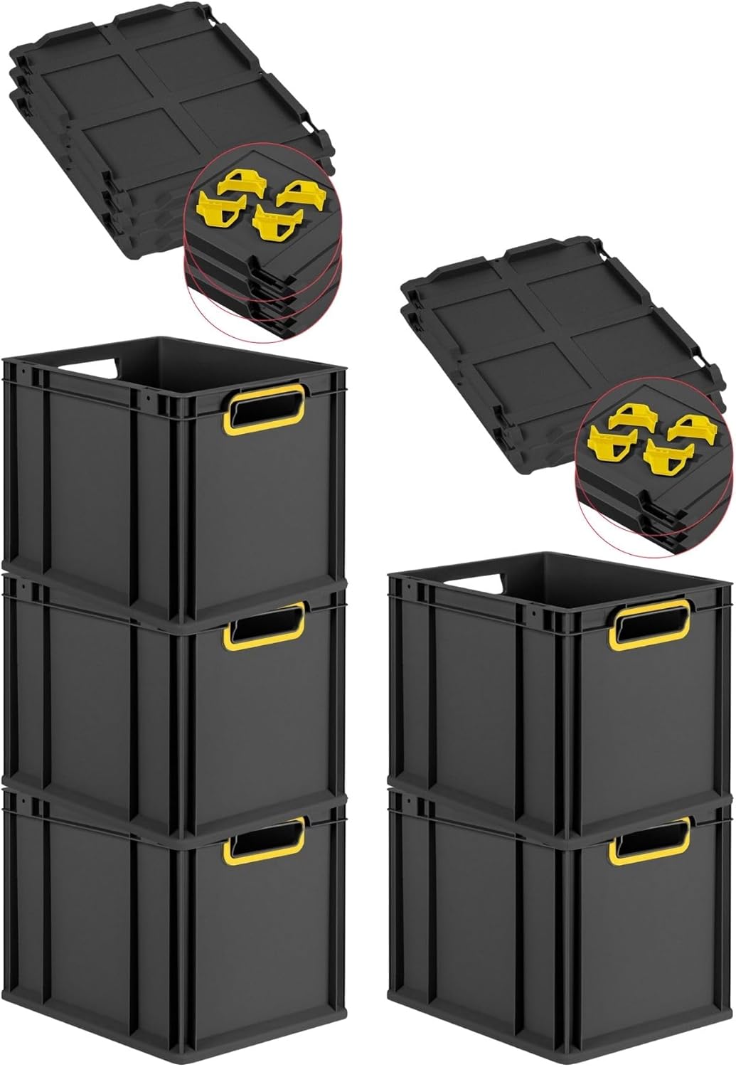 PROREGAL Economy Set of 5 Eurobox NextGen Colour with Lid and Sliding Snap Fasteners, H x W x D 22 x 30 x 40 cm, 20 L, Black, Closed Handles, Euro Container, Transport Box, Transport Container