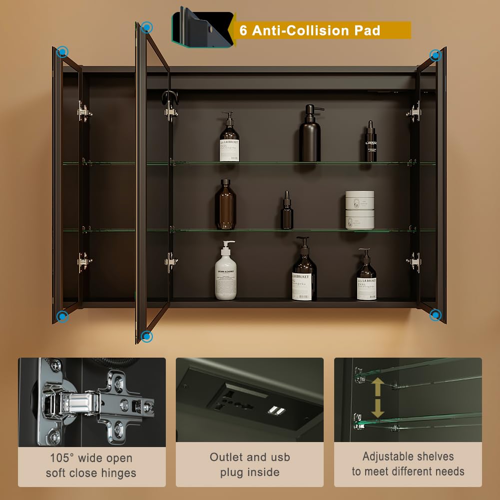 KWW LED Beleuchtetes Badezimmer Medizin Kabinett mit Spiegel, Farbtemperatur Einstellbar, Anti-Nebel Dimmbare Lichter, Steckdosen für USBs (75 x 70 cm)