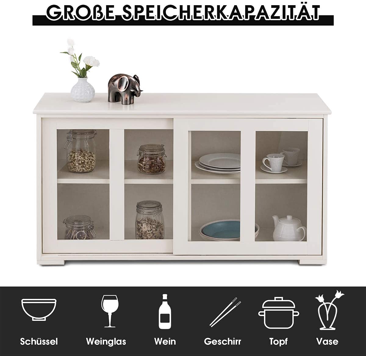 RELAX4LIFE Sideboard with 2 Sliding Glass Doors, Sideboard for Living Room, Hallway, Office and Kitchen, Hallway Cabinet with Height-Adjustable Shelf, Wooden Kitchen Cabinet (Cream)