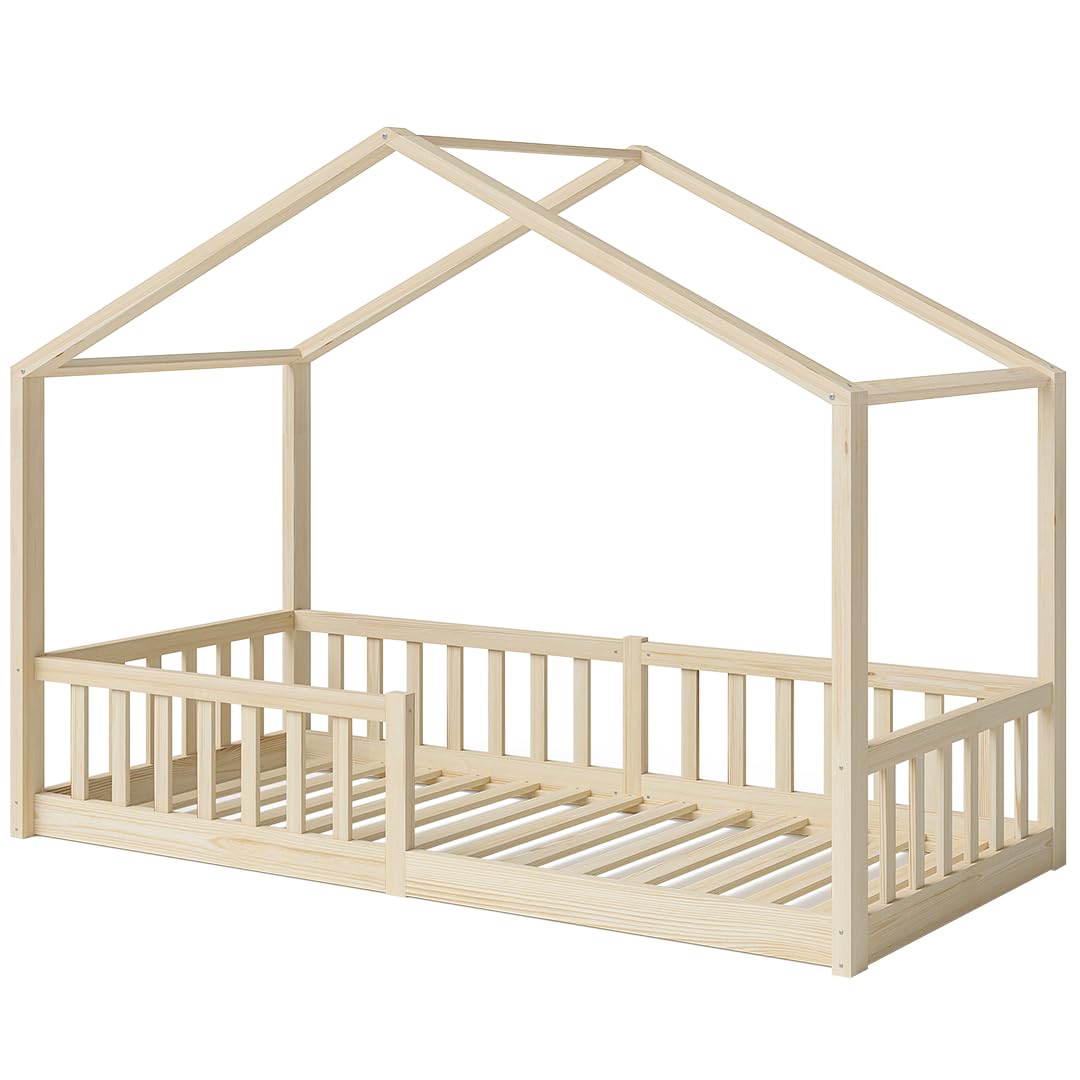 Bellabino Bia Children’s Bed, 90 x 200 cm, Children’s House Bed incl. Fall Protection and Rolled Slatted Frame, Montessori Floor Bed, White, Solid Pine Wood