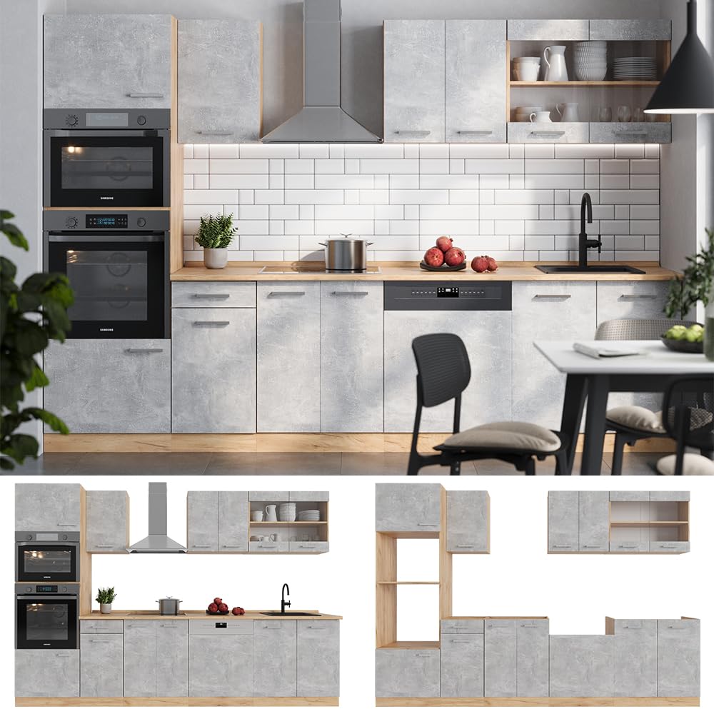 Vicco R-Line Kitchen Unit, High-Gloss Anthracite/Goldkraft Oak, 300 cm with Tall Cabinet, without Worktop
