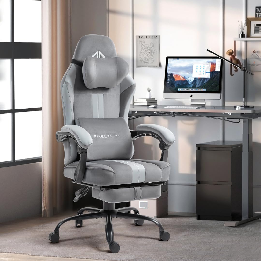 PixelPilot Ergonomic Gaming Chair [Breathable Fabric] Gaming Chair with Footrest, Head and Lumbar Support, Gamer PC Chair Wide Seat, Office Chair 150 kg Load Capacity (Nebula I, Grey)