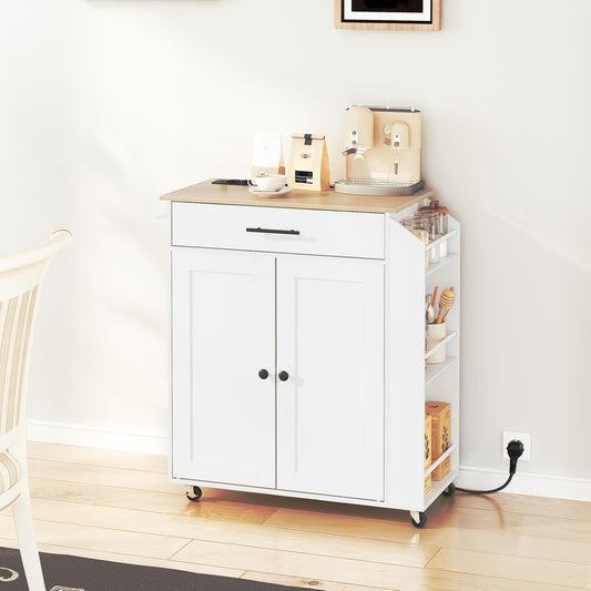 HOOBRO EWN82CZD01 Kitchen Trolley with Worktop, Kitchen Island with Power Strip, Movable Kitchen Island with Drawer and Spice Rack, Kitchen Trolley on Wheels, 80.8 x 38 x 86 cm