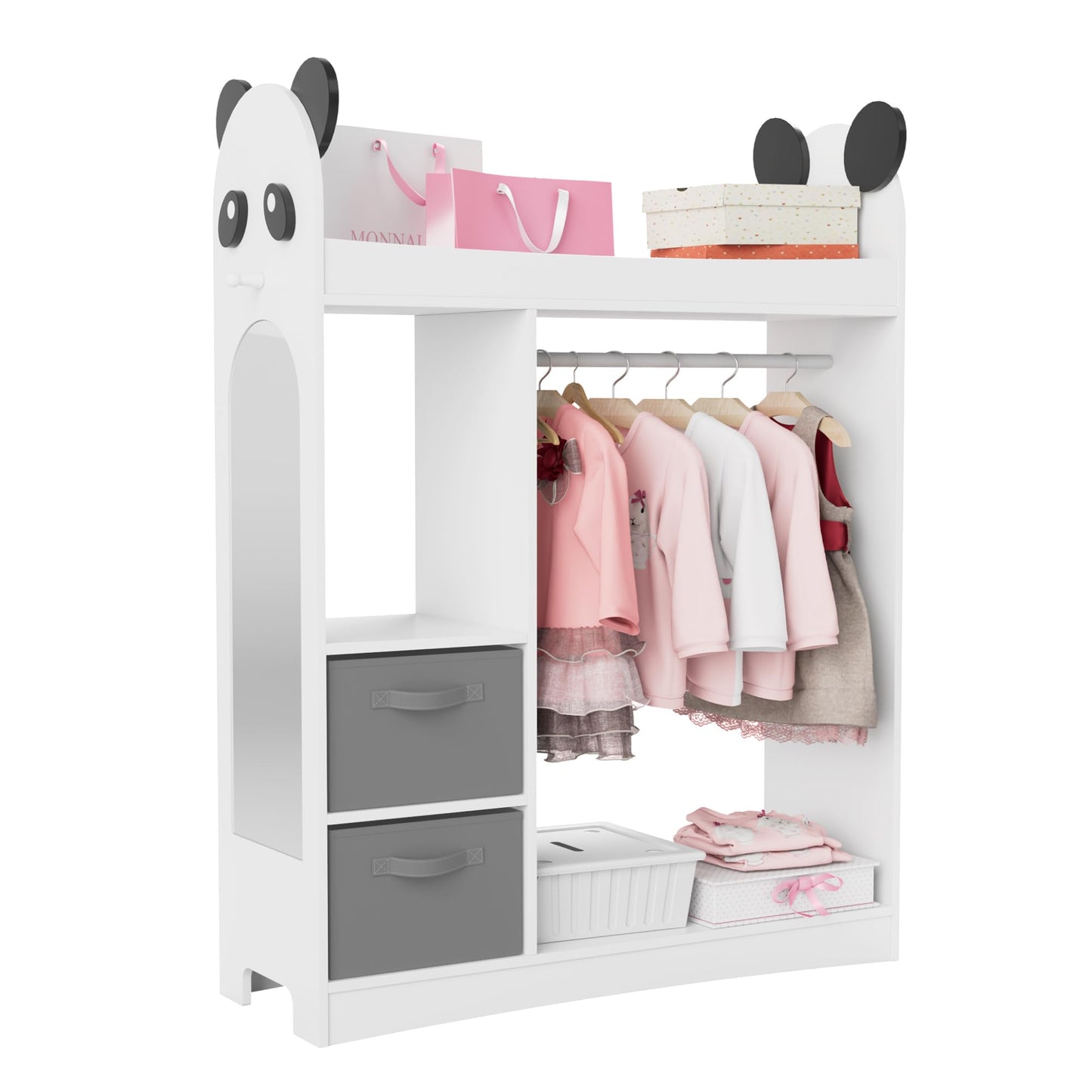 Children's Clothes Rack with Mirror, Clothes Rail with Shelves, Children's Wardrobe Wood, Children's Shelf for Children's Room, 81 x 28 x 106.5 cm (Clouds with 2 Drawers, White)