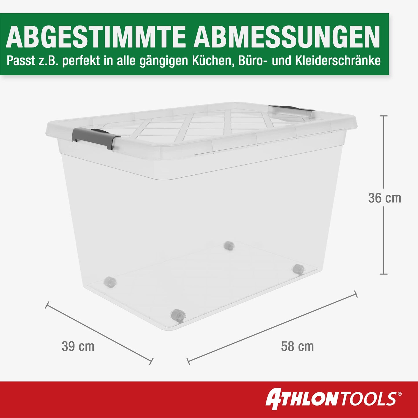 ATHLON TOOLS 4 x 60 L Storage Boxes with Lid, Food-Safe, Locking Clips, 100% New Material Plastic Box, Transparent, Clothes Boxes, Stackable
