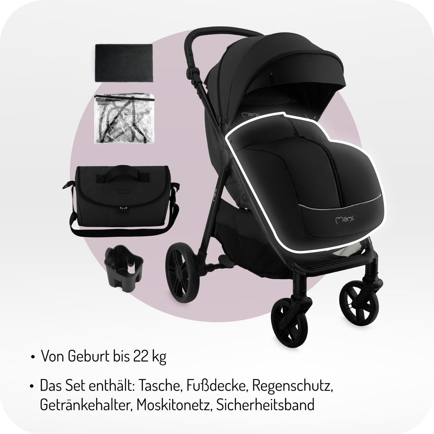 MoMi CLARA Children's Pushchair from 6 Months of Life, Up to 22 kg Body Weight, 5 Point Safety Belt, Footmuff, Drink Holder, Shopping Basket, Changing Bag, Insect and Rain Protection