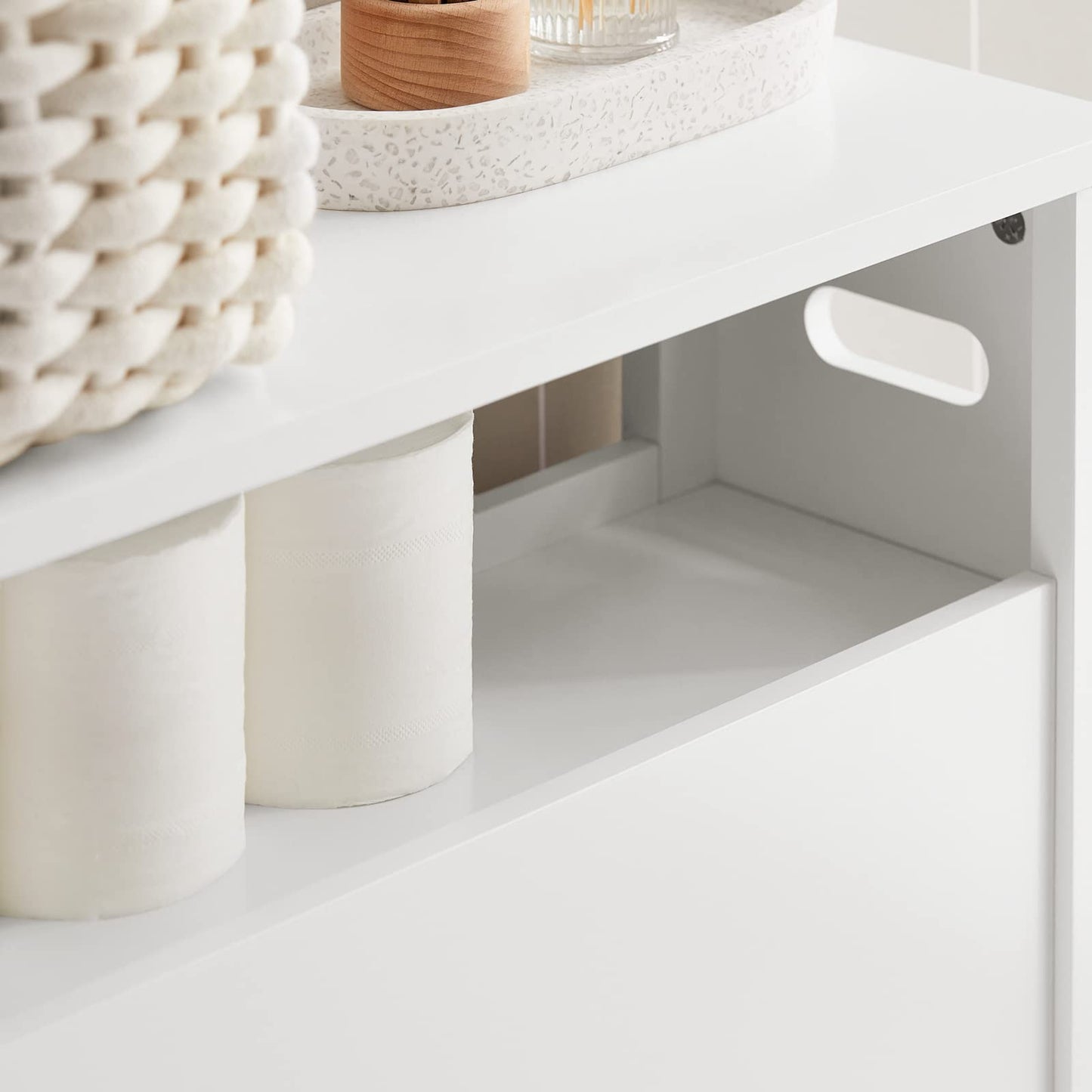 SoBuy BZR77-W Laundry Cabinet - Freestanding Bathroom Cabinet with Laundry Basket - Space-Saving Bathroom Cabinet with 3 Baskets and Drawer - Wooden Bathroom Furniture for Small Spaces, White, 80 x 91